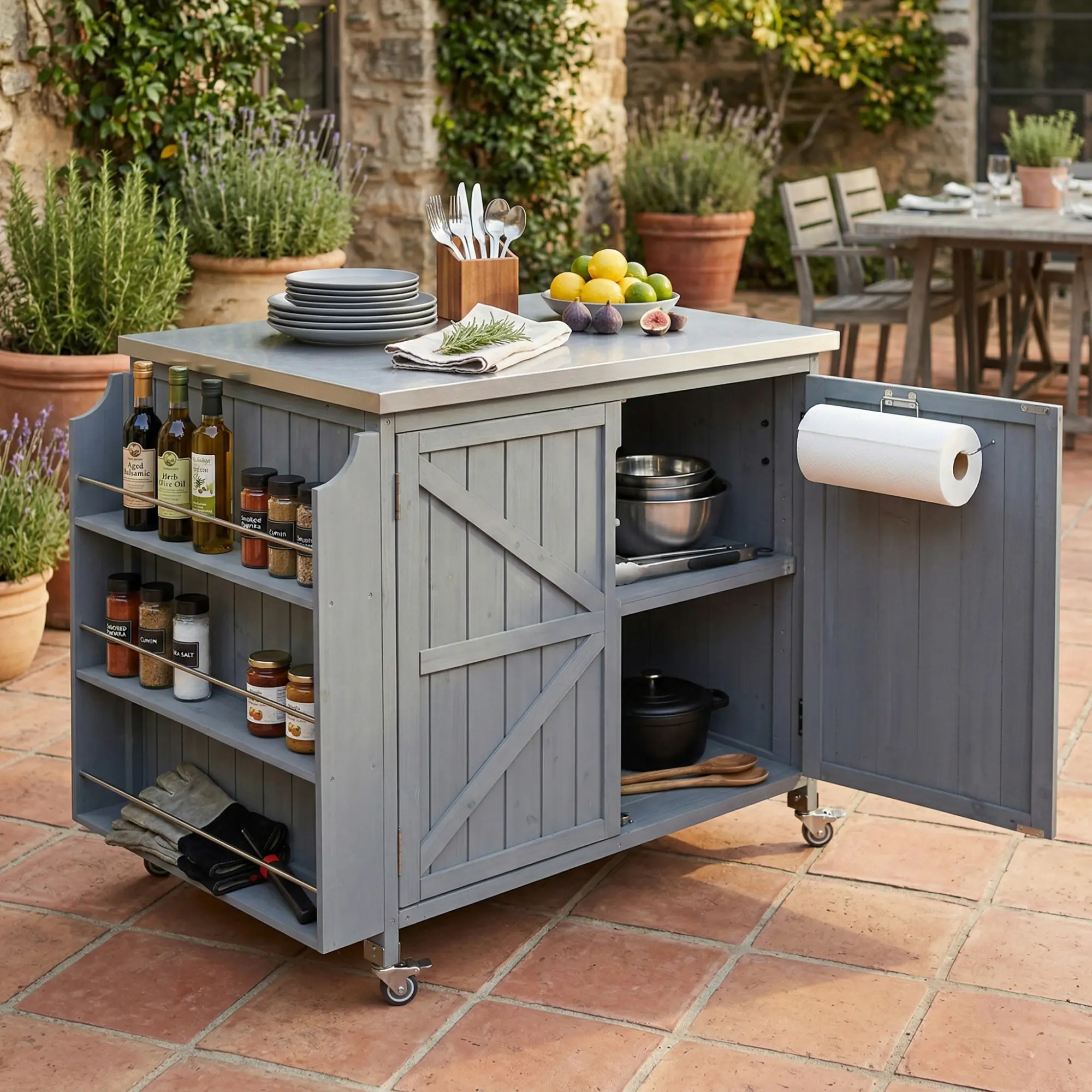 42.1" Outdoor Kitchen Island with Stainless Steel Top, Storage Cabinet, Side Shelf, and Locking Wheels, Grey+Blue