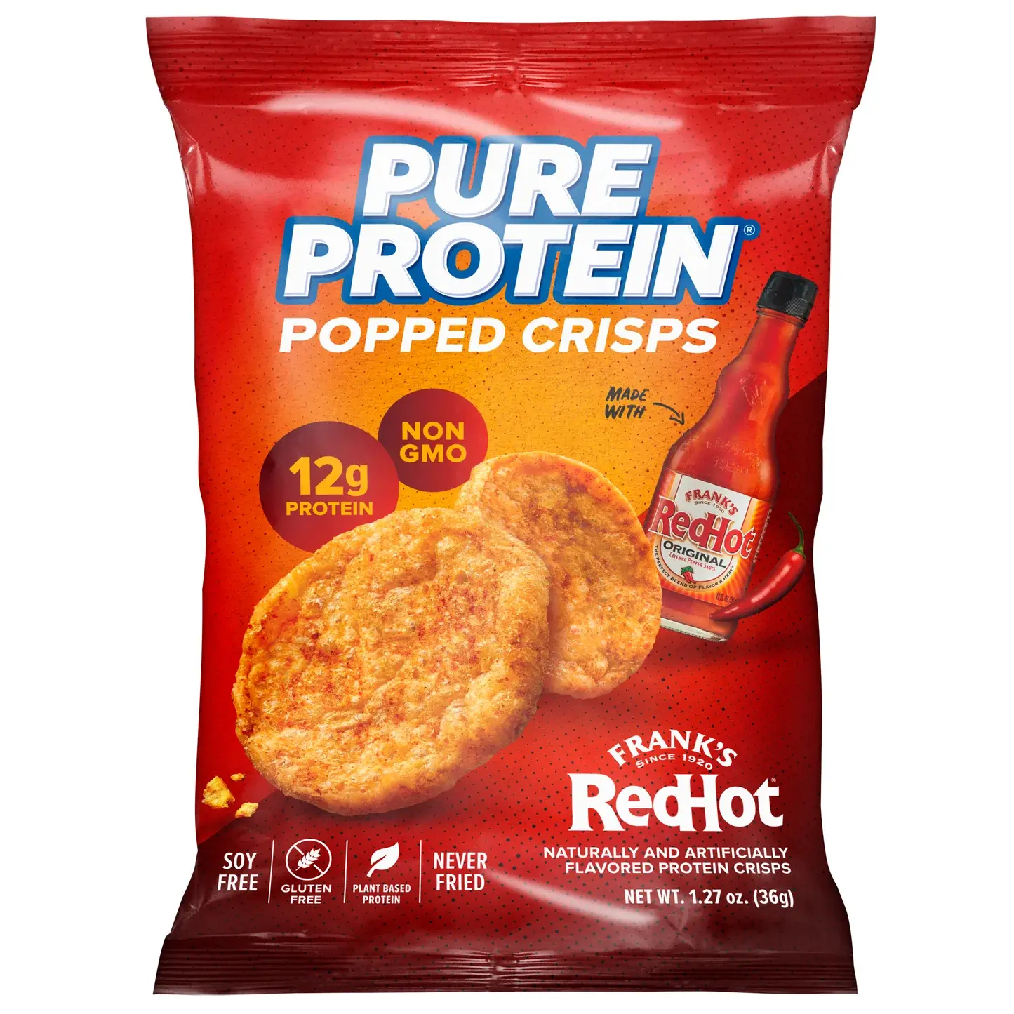 Pure Protein 'Frank's RedHot' Popped Crisps (12 Pack Box), 12g Plant-Based Protein, 160 Calories, Never Fried, Gluten Free, Vegan Friendly Protein Snack