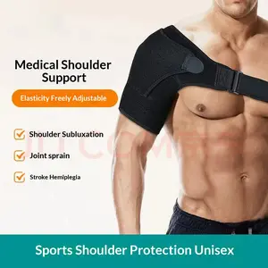 Adjustable sports shoulder support with compression for preventing muscle strain. Suitable for various sports such as basketball, volleyball, etc.