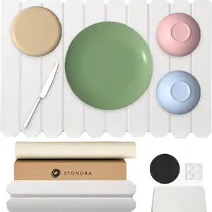 Stonora Foldable Large Stone Dish Drying Mat Set for Kitchen Counter & Sink Super Absorbent Quick-Dry Diatomaceous Mat with Non-Slip Pad Soap Dish Sandpaper Decorative Placemat Coasters Tableware Stylish White