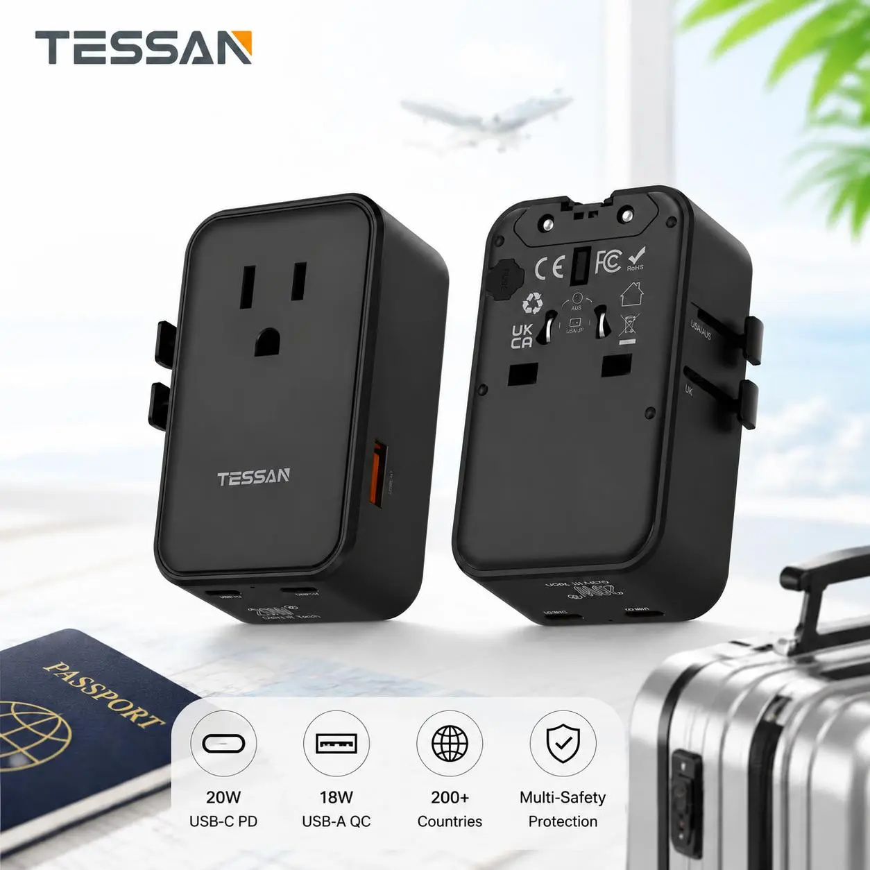 TESSAN 20W International Power Adapter, Ultra Slim Universal Travel Adapter with 2 USB-C 1 USB-A, Travel Adaptor Worldwide Plug for US to European UK Spain England New Zealand (Type C G A I)