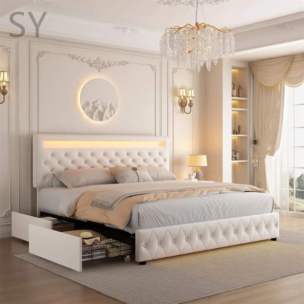 SY-Hot Selling Adjustable Led Bed Frame with 4 Storage Drawers,Control DIY Color,with Smart Control RGB LED Lights Headboard Footboard,Box Spring Opti