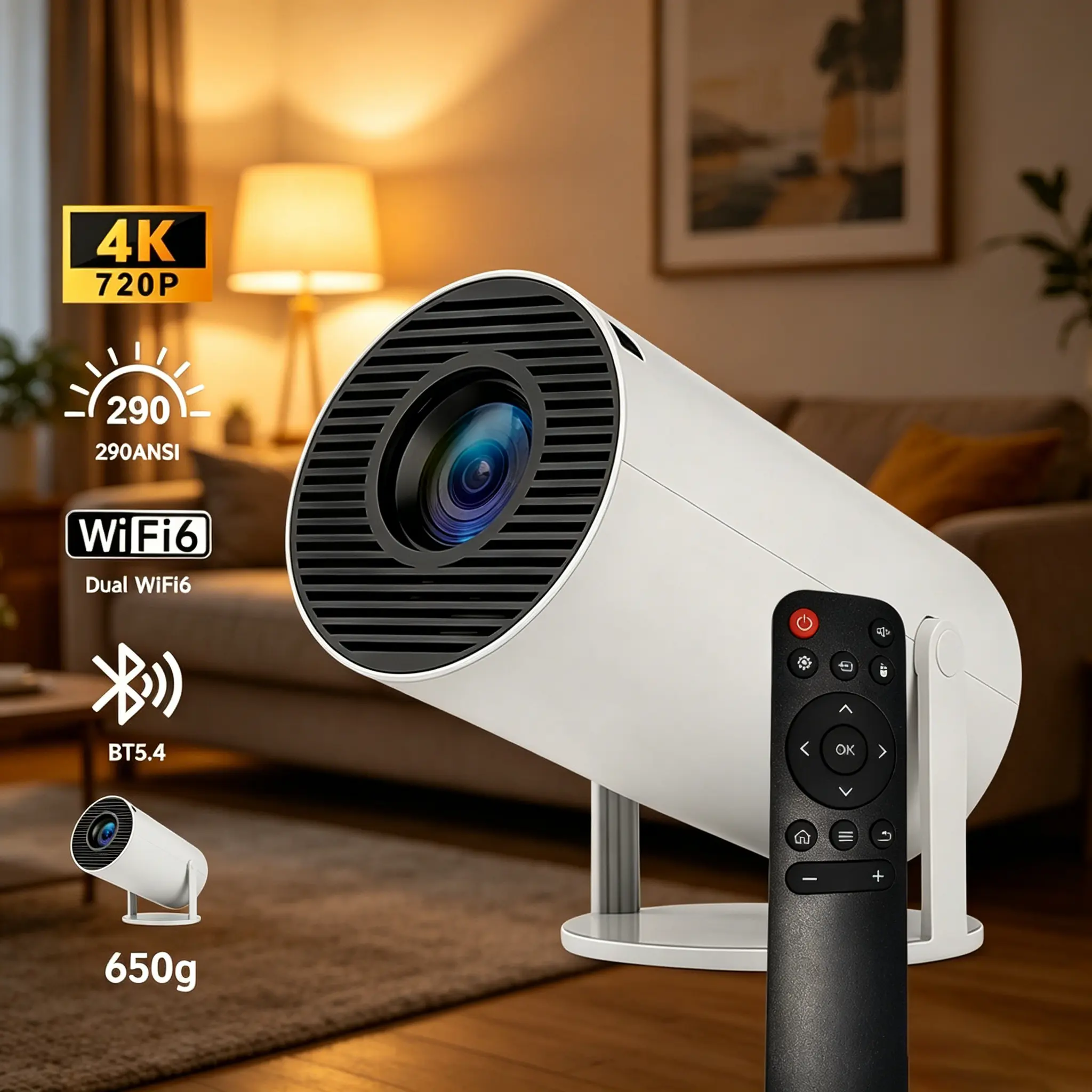 Mini Portable Tabletop Pico Home Cinema Projector - 720P Full HD LED, 290 ANSI Lumens, Wireless Bluetooth 5.4, WiFi, Android OS, Auto Keystone, 180° Rotatable, 130" Screen, Built-In Audio, Remote Control, Mount-Compatible for Gaming, outdoor projector, Ga