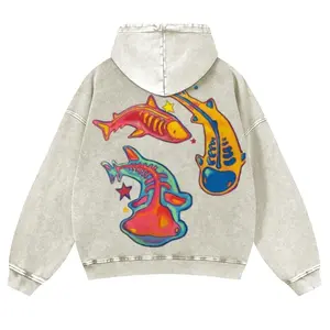 Enigma of Sharks Back Print Casual Washed Hoodie