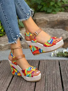 New Plus Size Ink Print Wedge Sandals, Thick Sole Waterproof Platform Shoes, Summer Toe-Exposed High Heel Slippers for Women, Footwear, Fashion, Stylish