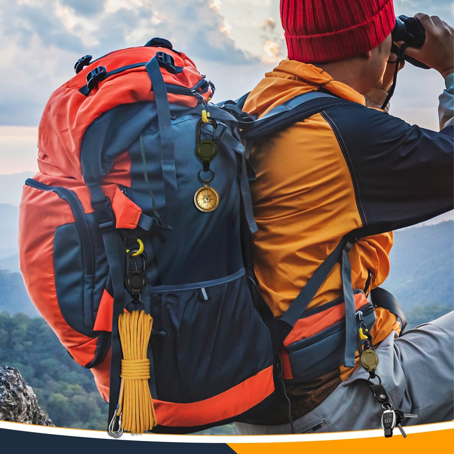 2 Pack Tactical Carabiner Steel Cord Recoil Anti-Lost Lanyard, 8oz Load Bearing Sturdy ABS Shell & 24 Inch Automatic Retractable Cord, Heavy Duty Key Chain for Camping Cycling Hiking Outdoor Travel, Perfect Holiday Gift for Men Family Friends