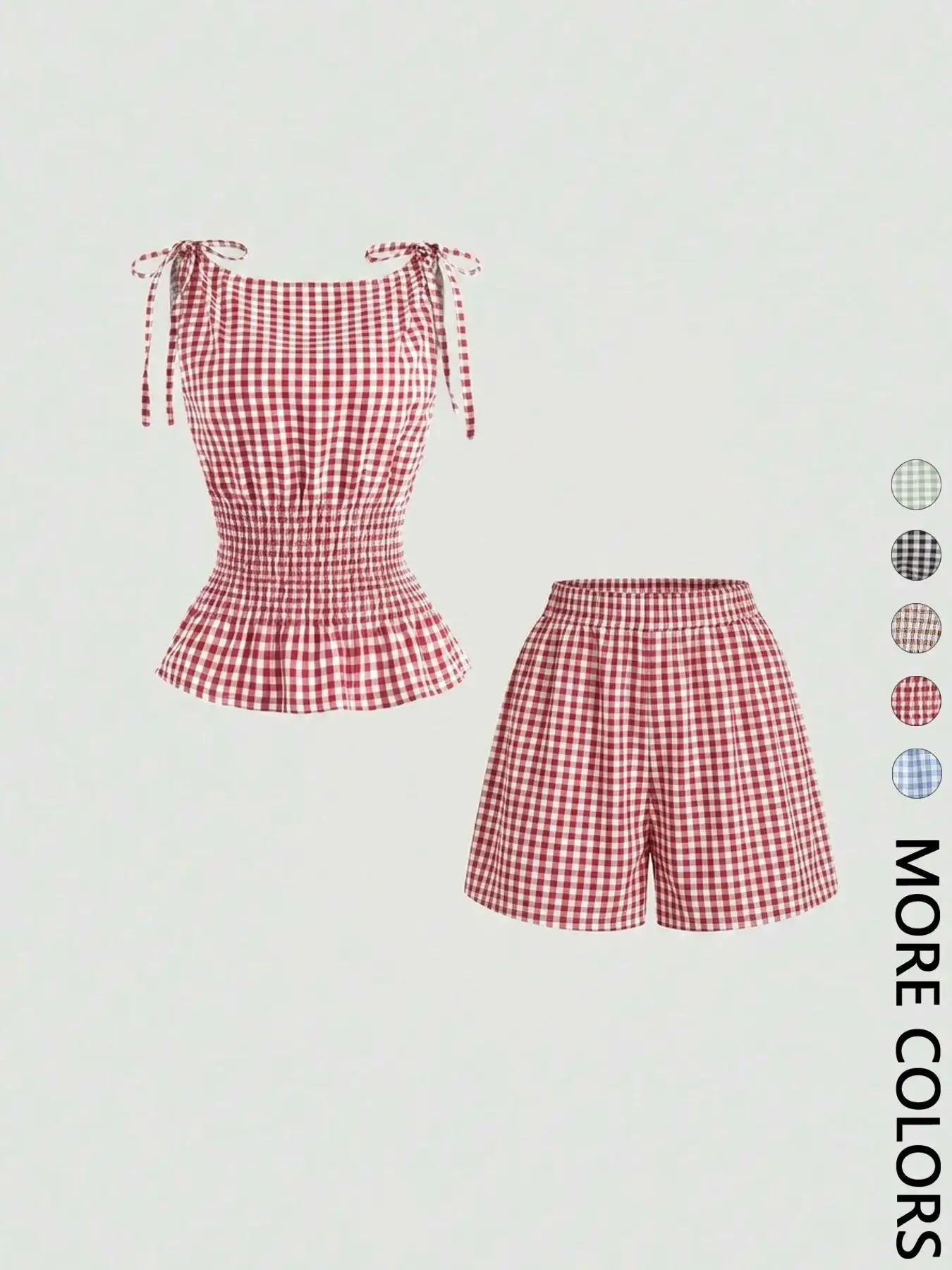 Women's Vibrant Gingham Check Textured Woven Tank Top & Shorts Set, Adjustable Tie Shoulder Straps, Smocked Waist, Peplum Hem, Elastic Waistband, Breathable Lightweight Fabric