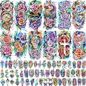 65 Sheets Watercolor Peony Rose Floral Temporary Tattoos For Women Arm Shoulder, Groovy Compass Flower Fake Tattoo Owl Blue Tribal Eye Skull Tiger, Long Lasting Tatoos Sleeve Angel Girls Adults