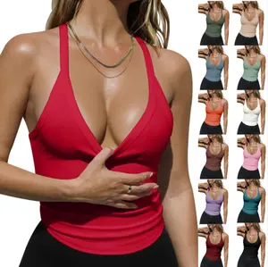 FMEYOA Women Casual Racerback Tank Tops Summer V Neck Ribbed Knit Yoga Workout Camisole Basic Top