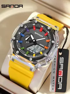 Men's Fashion Transparent Round Dial Fashionable Digital Watch, Casual Sporty Quartz Digital Watch with Luminous Dial Function, Trendy Multifunctional Watch for Daily Life