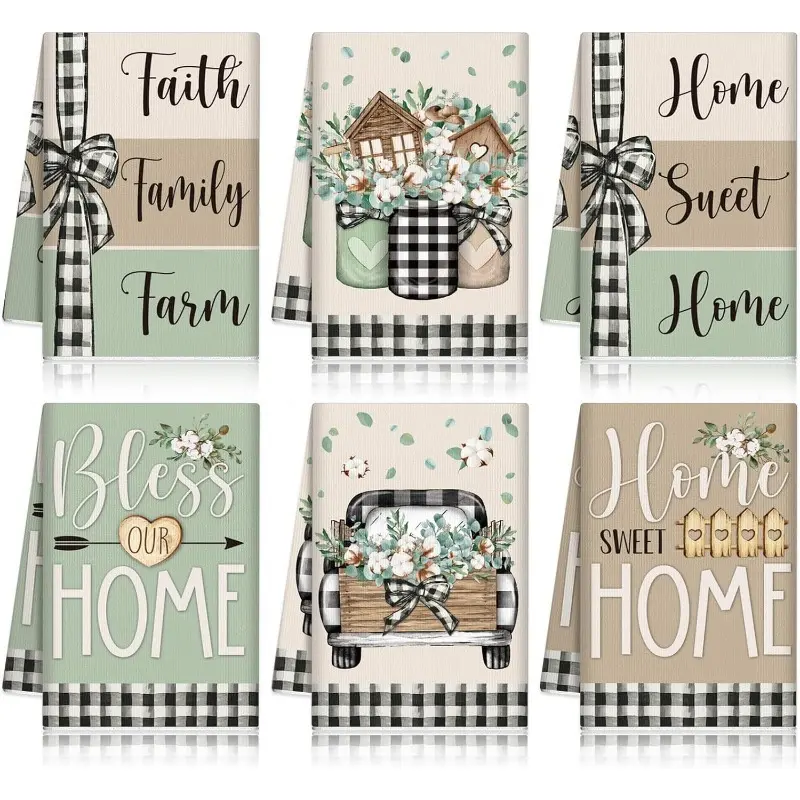 Farmhouse Cotton Truck Rectangular Kitchen Towels Set of 6 (16x24in) - Black and White Smooth Buffalo Plaid, Lightweight Absorbent Machine Washable, Drying/Dust Duster Cleaning Cloths, Maintenance, Rustic Charm Home Care Hostess Gift, Classic