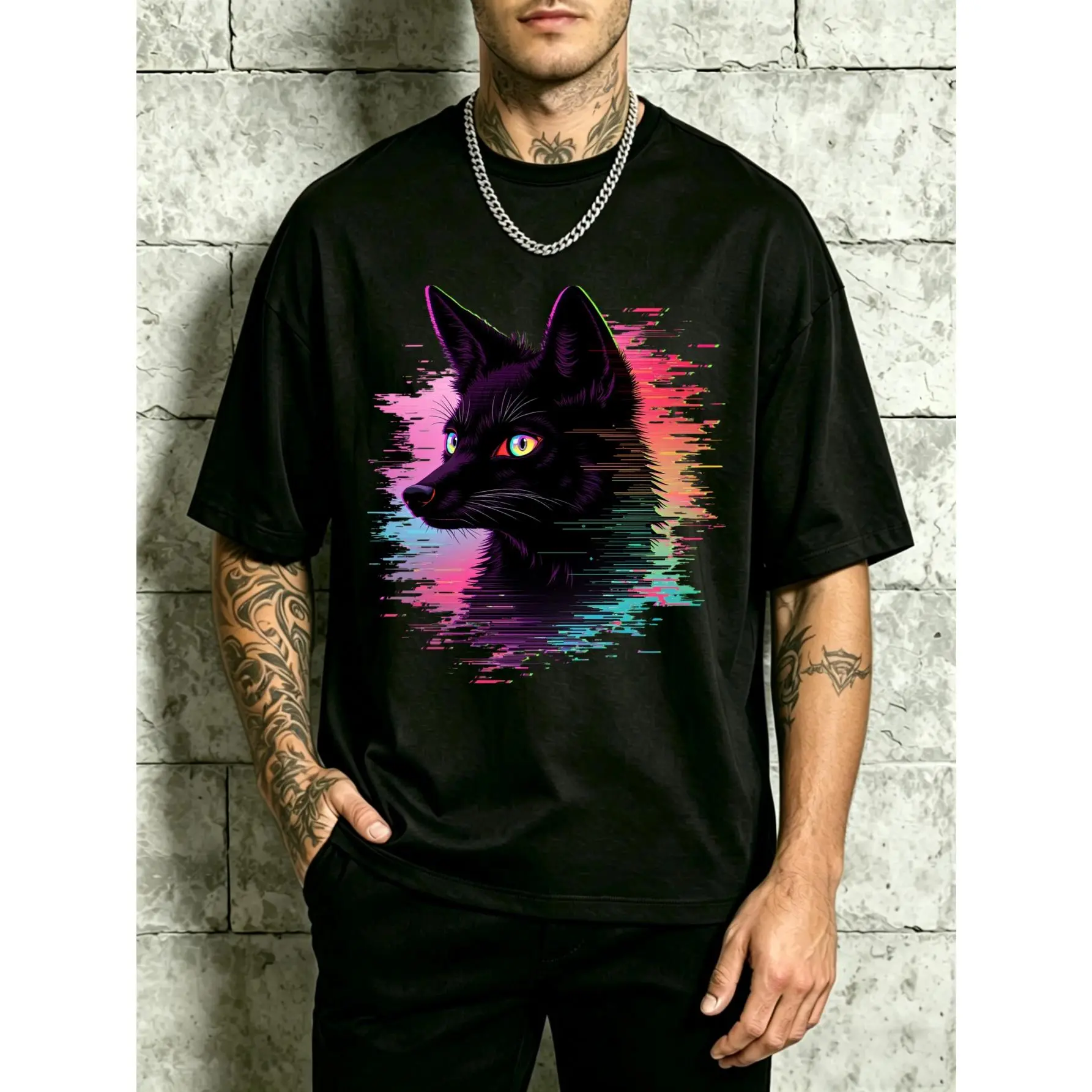 Men's Artistic Fox Graphic Print Tshirt - Heavyweight 100% Cotton Fabric, Classic Casual Round Neck, Relaxed Fit Menswear Top, 2Xl, Loose-Fitting, 4Xl, 5Xl, T-Shirt, Fox Print, Shortsleeve, 3Xl, Clothes
