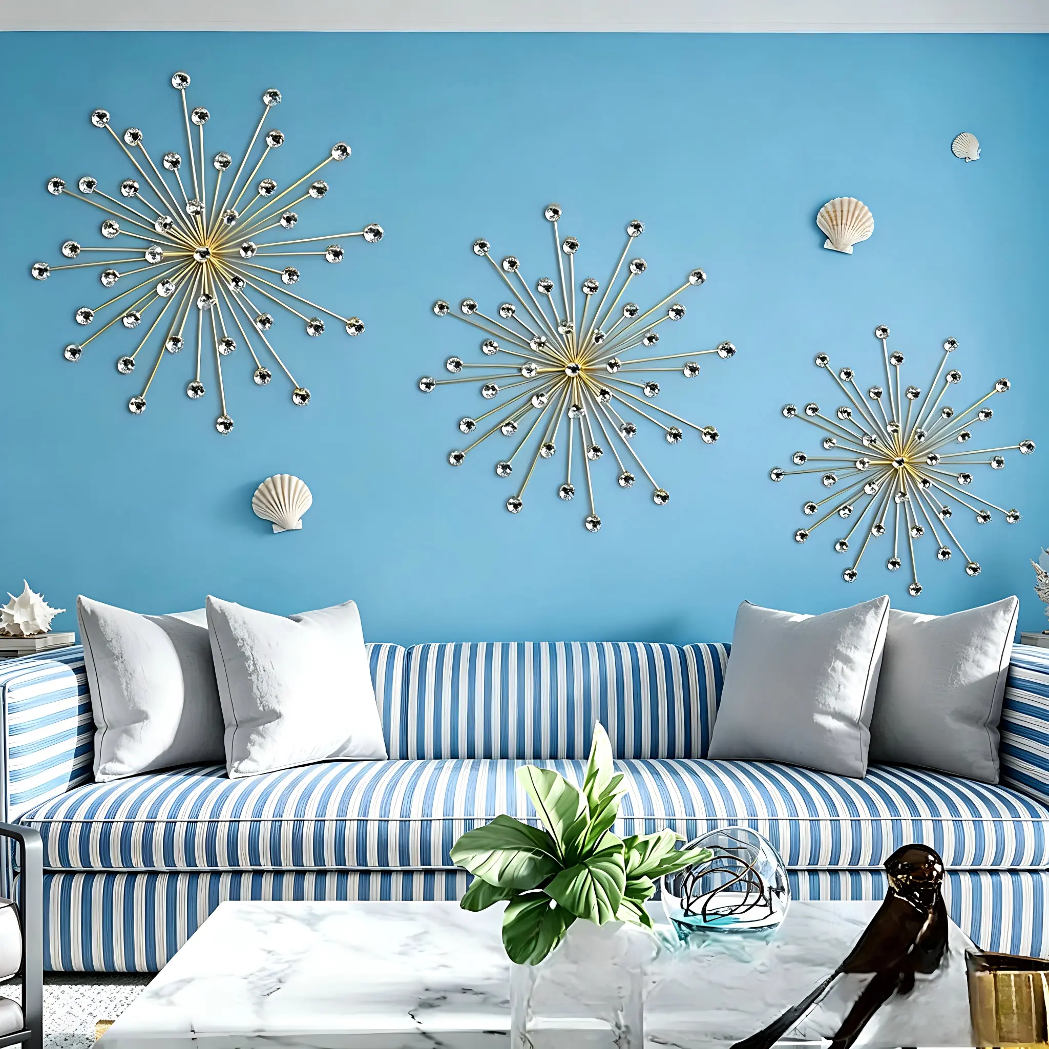 15.7" (40cm) Diameter Mid-Century Silver Starburst Metal Wall Ornament Frame - Glamorous Artistic, Durable, Easy-Install, Easy-Clean, Mountable with Starburst Rays, Faceted Crystals, Bling, Hook for Hanging by Sofa, Living Room