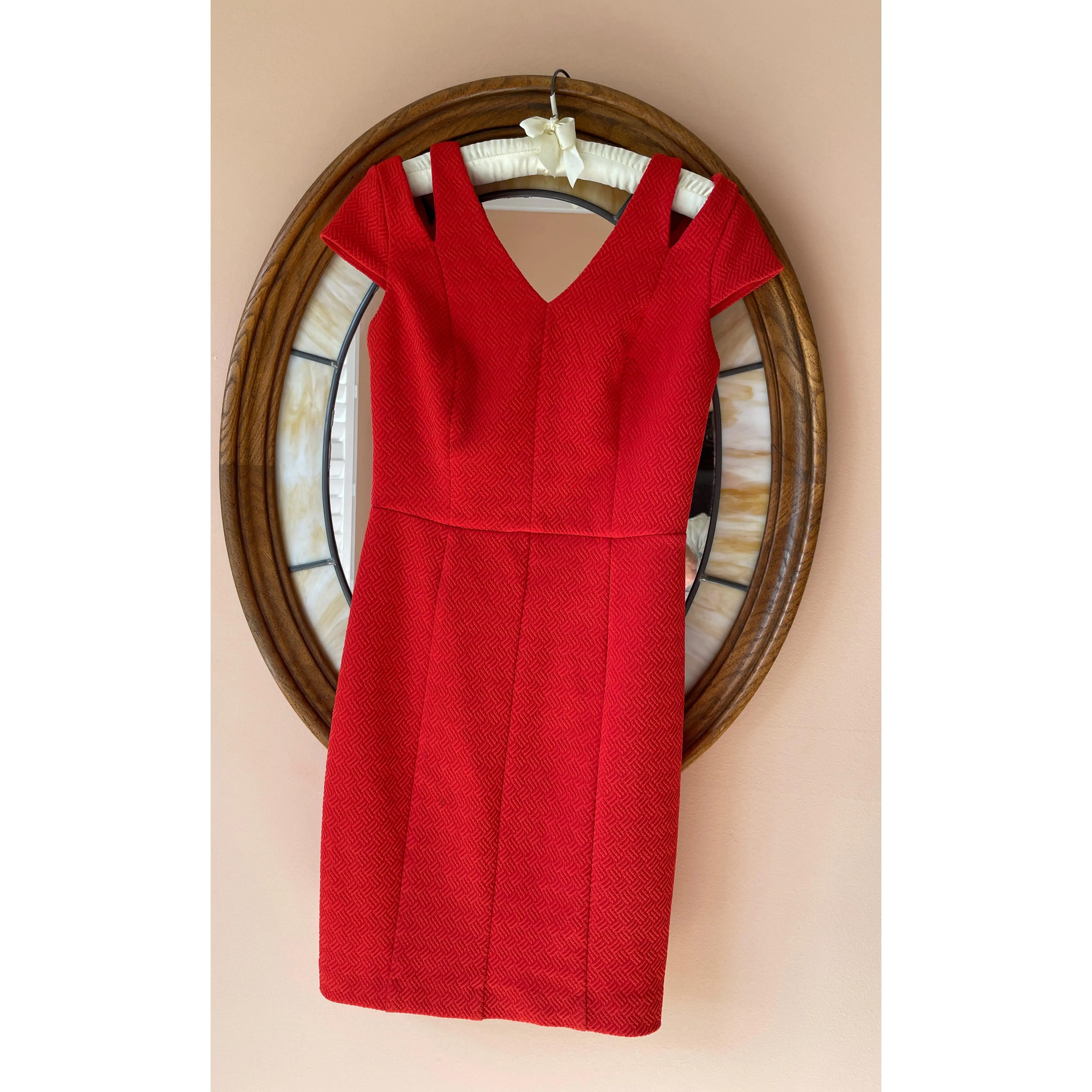 Red Textured Poly Cold Shoulder Back Zip Closure Wiggle Dress
