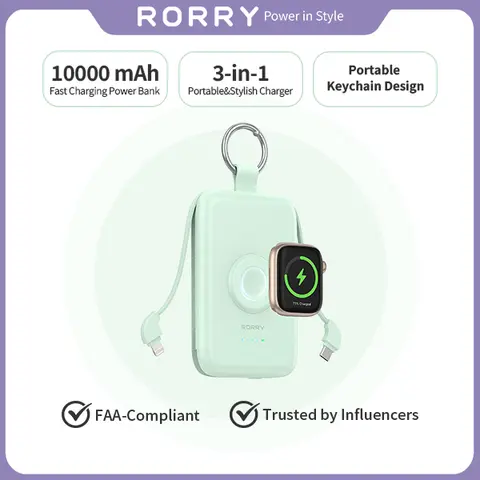 RORRY 10000mAh Magnetic Battery Power Bank - 20W PD Fast Charging, Built-in Cables, Compact Keychain EDC Gear Everyday Carry Emergency Power Accessory for Smartwatches, iPhone 17-11 (Back to School Gift Idea), Portable Charger