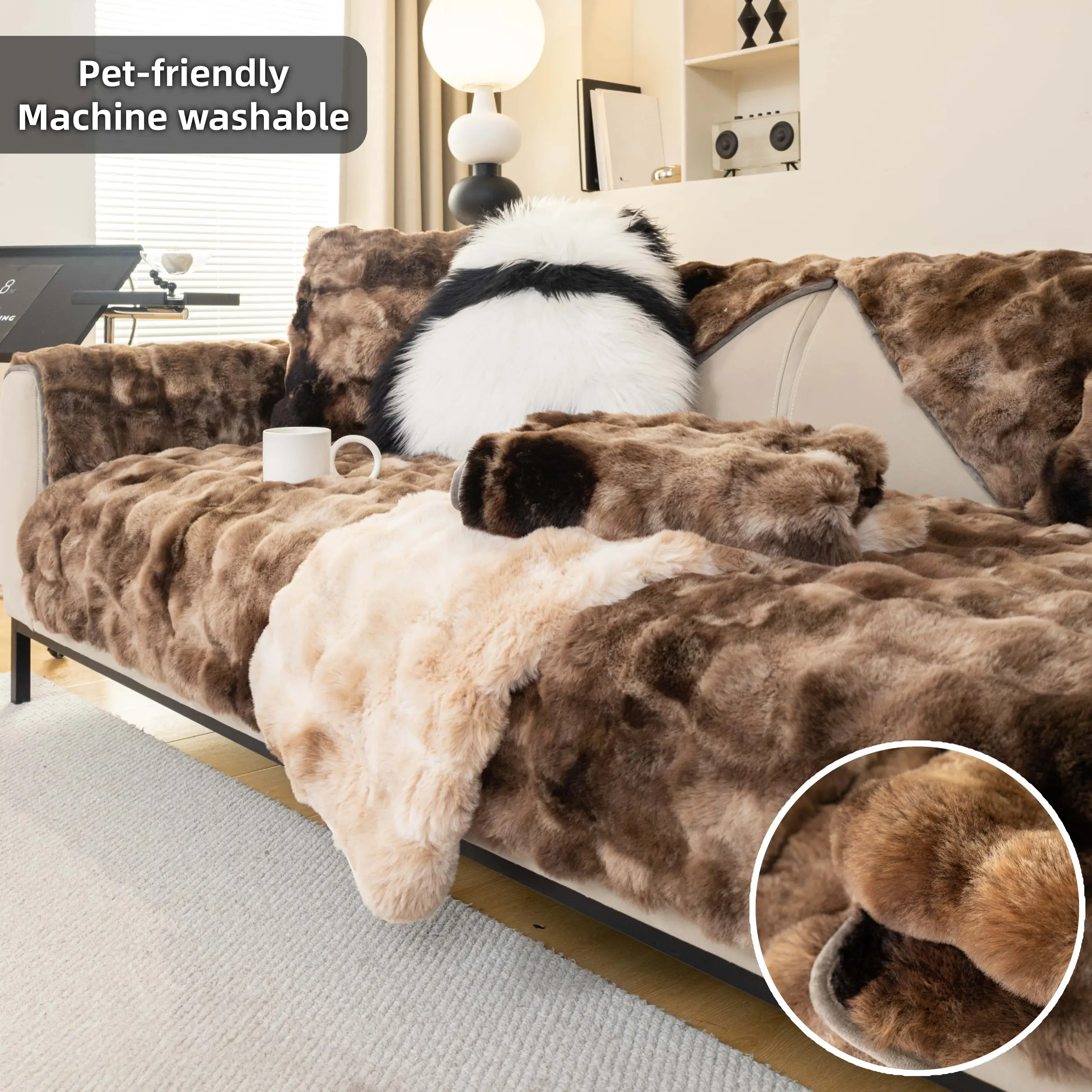 1Pc Faux Fur Plush Couch Cover, Non-Slip & winter warm Sofa Cover, Washable Sofa Slipcover, Pet-Friendly & Machine-Washable Sofa Cushion, Thick & Warm Dust-Proof Protective Cover, Fits 2/3/4-Seater & Sectional, Top choice for living room decor