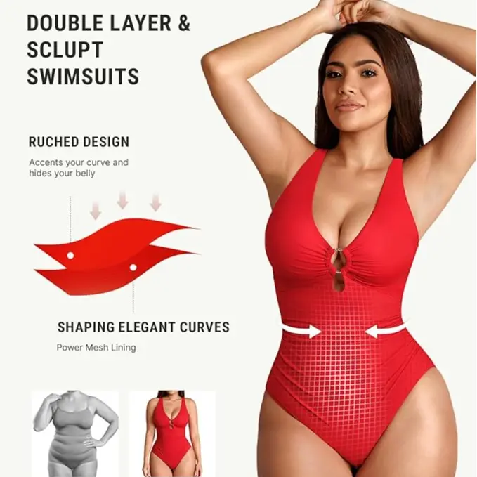 FeelinGirl One Piece Swimsuit Tummy Tucking Bathing Suit Swimwear Plus Size Plain Color High Cut with Removable Pads Summer New Arrivals Summervibes