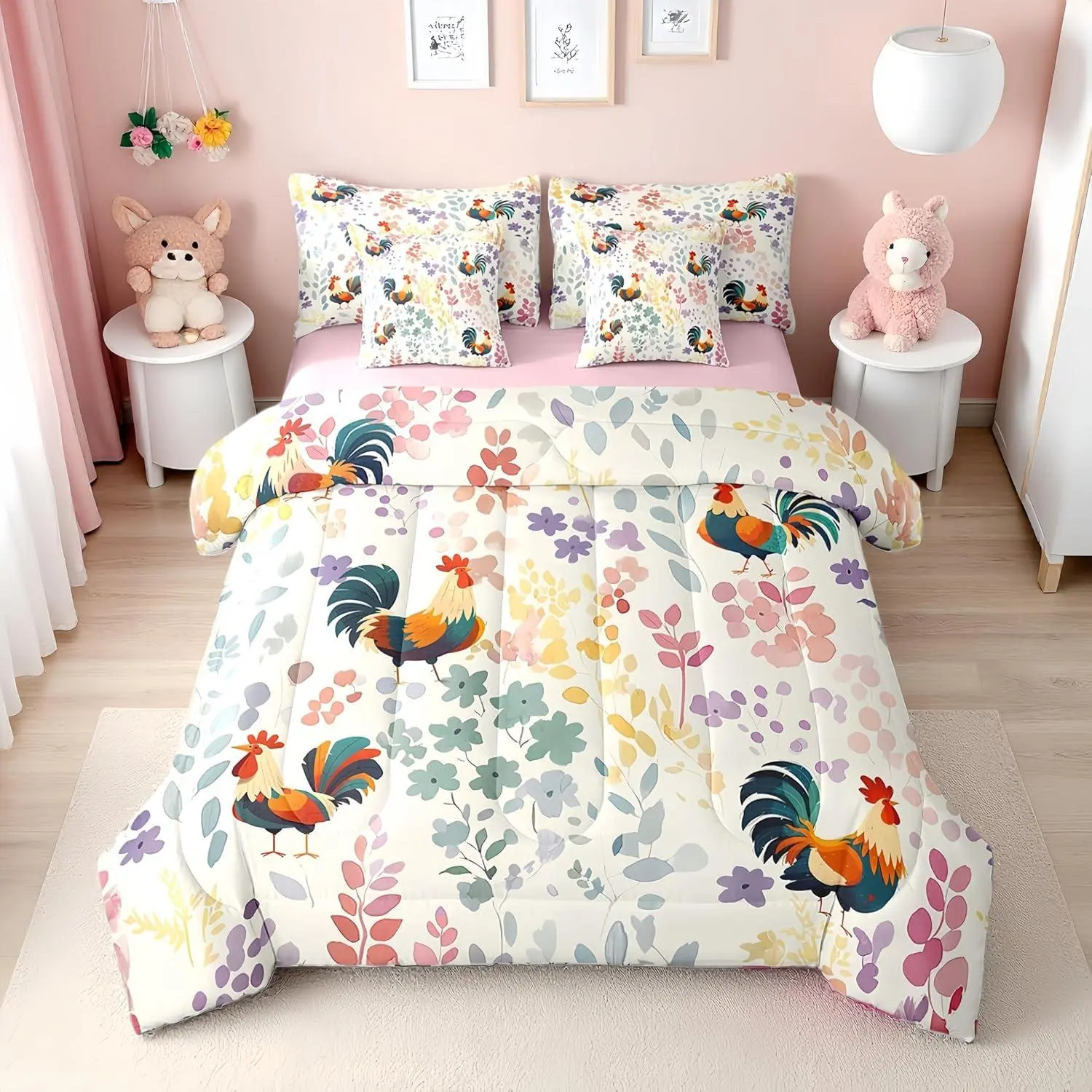 7Pcs Flower Chicken Comforter Set with Sheets,Farmhouse Animal Rooster Bedding Set for Kids Girls Boys,Country Farm Floral Bed Set with Fitted Sheet,Flat Sheet,Pillowcases