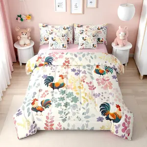 7Pcs Flower Chicken Comforter Set with Sheets,Farmhouse Animal Rooster Bedding Set for Kids Girls Boys,Country Farm Floral Bed Set with Fitted Sheet,Flat Sheet,Pillowcases