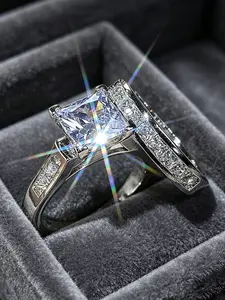2pcs Princess Square Moissanite Ring Set, Engagement Ring & Wedding Band Combo, Silver Color Bridal Jewelry, Promise Ring with Side Stones, Gift for Girlfriend