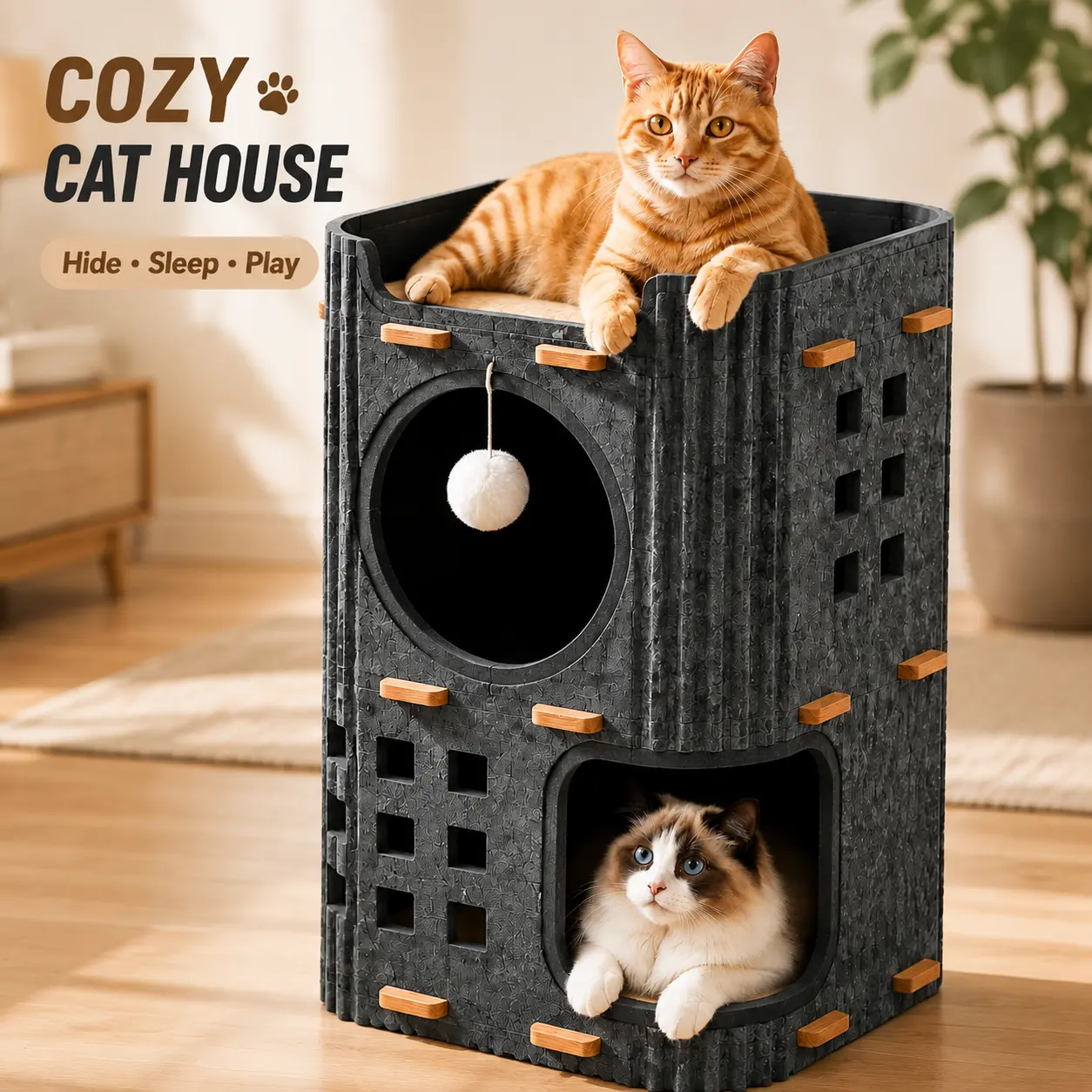Indoor Cat House, Multi-Level Cat Condo with Scratcher, Cozy Cat Cave Hideaway & 2-Level Cat Furniture for Indoor Cats