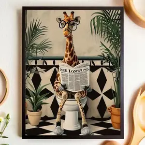 Cute Playful Giraffe Cartoon Canvas Art Print with Wooden Frame, Artistic Funny Animal Wall Decor for Kids Room, Bedroom Decoration