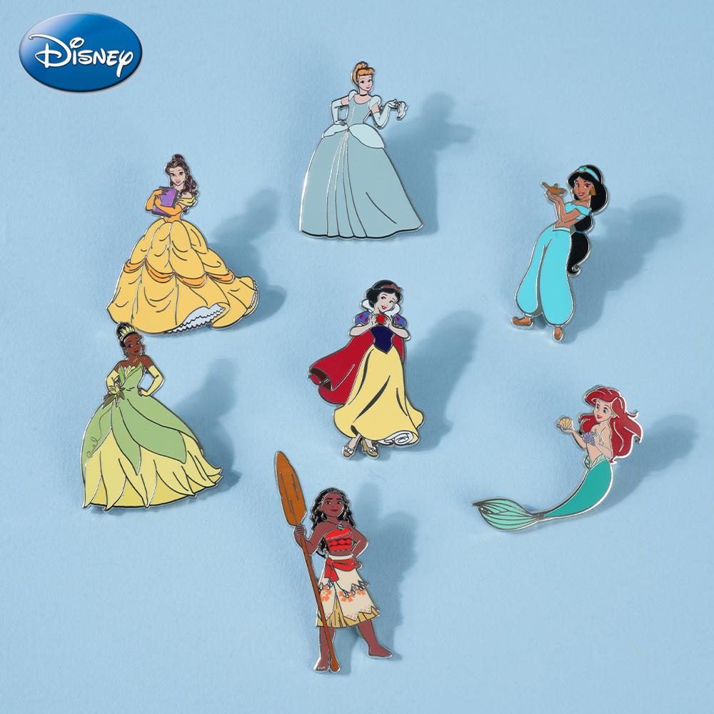 1PC Disney Princess Pin Officially Licensed Gorgeous Gown Dress Gold-foil Belle Jasmine Ariel Snow White Tiana Cinderella Moana Anime Brooch Backpack Decoration Jacket Lapel Anti-Rust Exquisite Alloy Enamel Gift