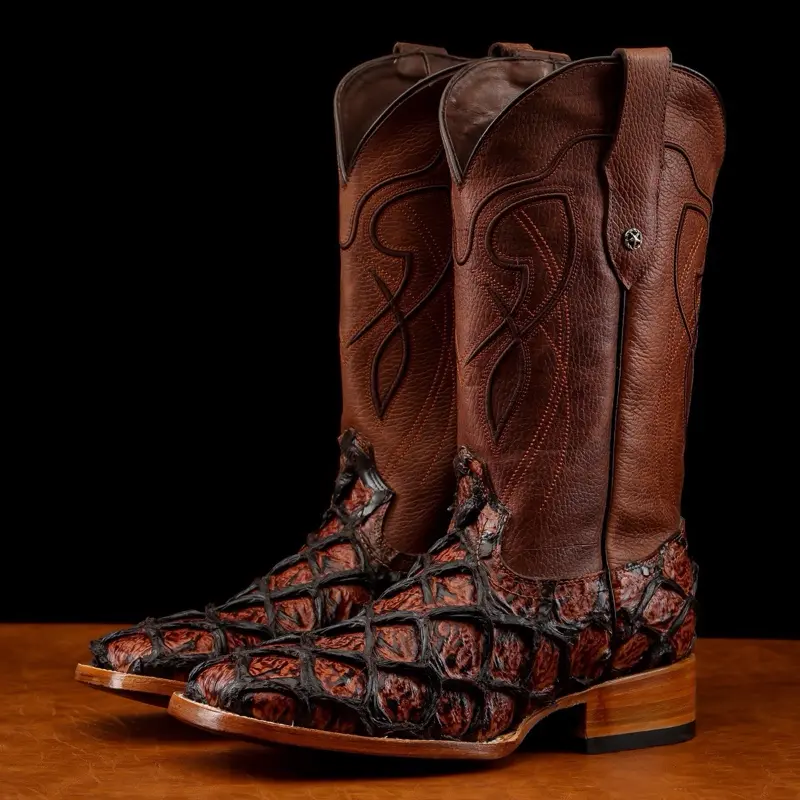 Cognac Jumbo Pirarucu Print Leather Boots - Square Toe