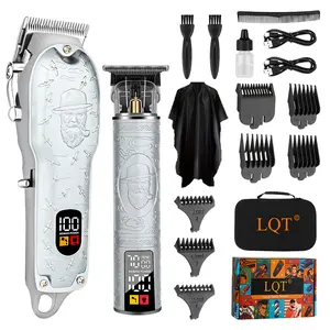 LQT Professional Silver Hair Clippers for Men Cordless Barber Kit with Trimmer, Stainless Steel Blades, Adjustable Lever, LED Display, Type-C Charging Grooming Set Gifts,Ideal for Home Baber & Travel