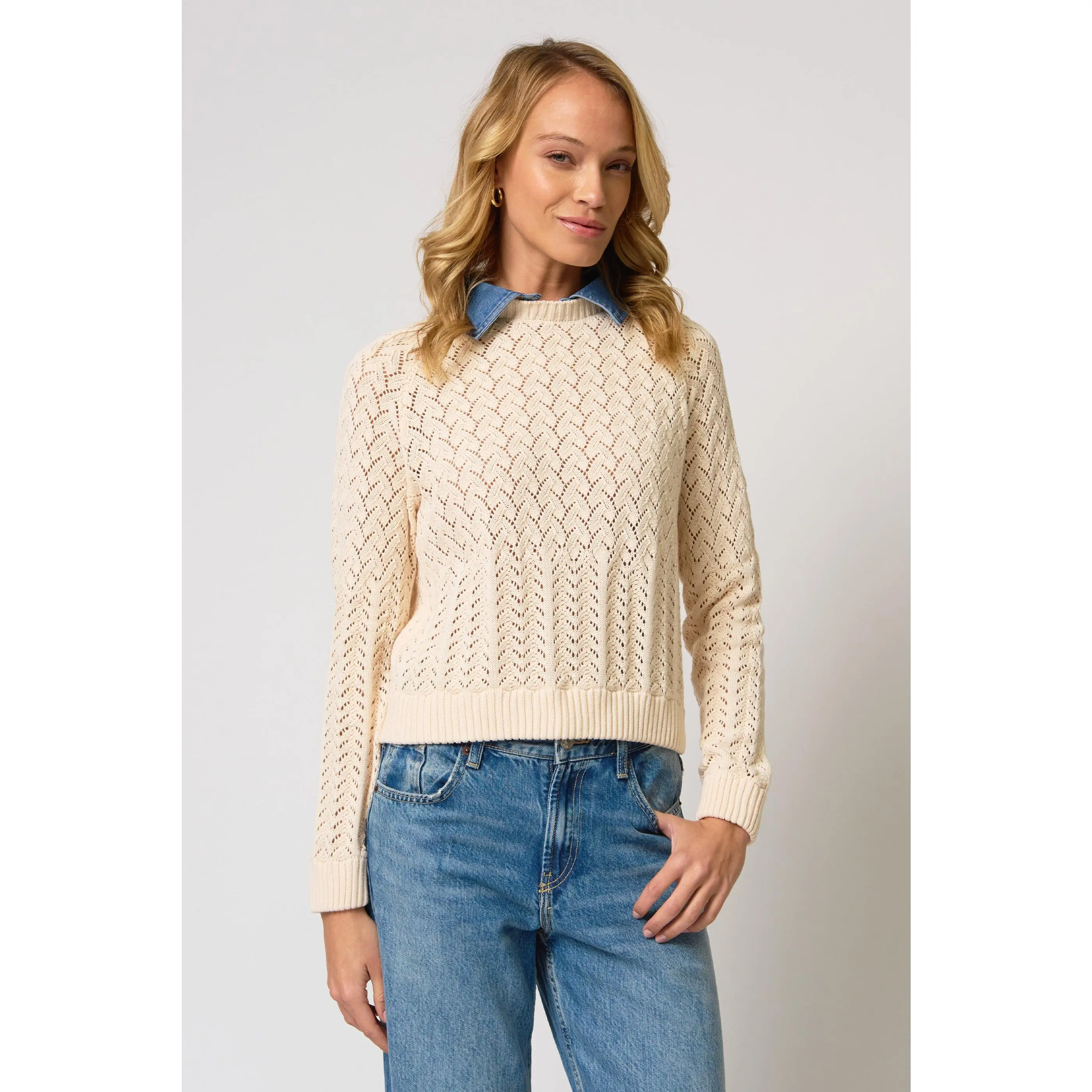 Hazel Denim Collared Pointelle Sweater