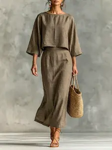 Women's Camel Batwing Sleeve Two-Piece Set, Waist-Cinch Slimming Mid-Length Elegant Bodycon Skirt, Fashionable Ladies