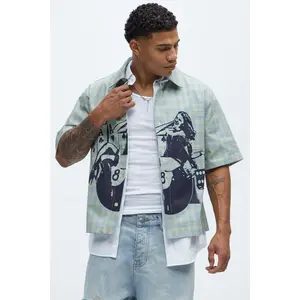 Cropped Pin Up Graphic Button Up Shirt - Green/combo