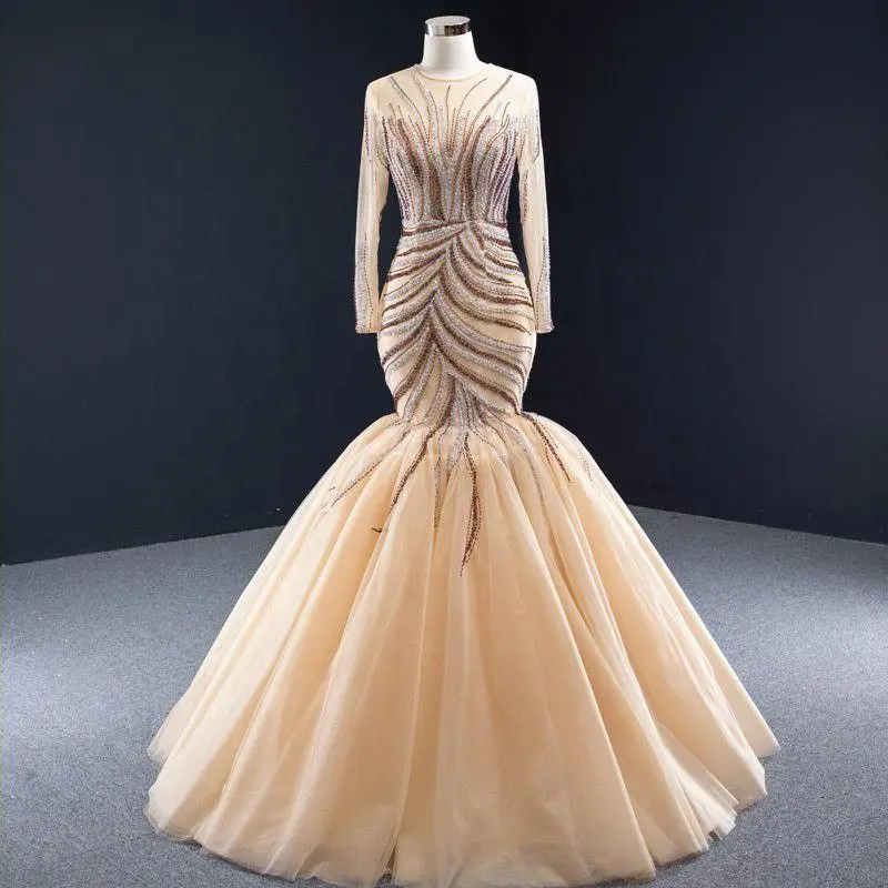 Ethereal Elegance: Champagne Crystal Beaded Mermaid Evening Gown for Ladies