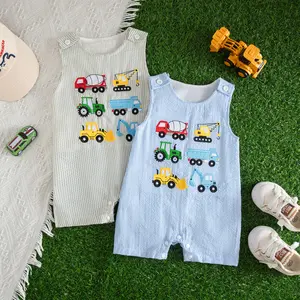 Baby Boy Summer Clothes Excavator Embroidery Romper Onesie Sleeveless Striped Jumpsuits Newborn 3 6 12 18 Months