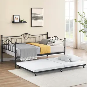 【Christmas Gift】Twin Daybed with Trundle Metal Day Bed Twin Size with Steel Slat Support Modern Pull Out Day Bed Frame for Kids Room Living Room Guest Room No Box Spring Needed Black