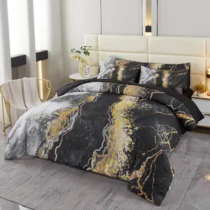 6 a Bag Black Watercolor Marble Printed Comforter for Queen Burning Mountain Pattern with Retro Artwork Quilt Sets(Black, Queen)