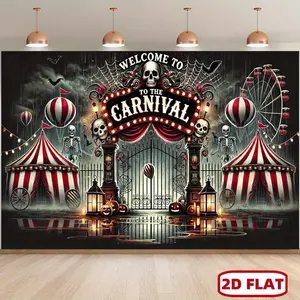1pc 2D Flat Carnival Entrance Photography Backdrop - Vibrant Polyester Fiber Party with Skulls, Ferris Wheel & Lanterns for Costume Balls, & Themed Events, Carnival Theme Party Decorations