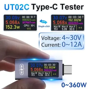 UT02C USB Color Screen Type-C Tester Voltage Ammeter DC4-30V 12A Fast Charging Test CPU Temp Monitor Voltage Current Power Meter