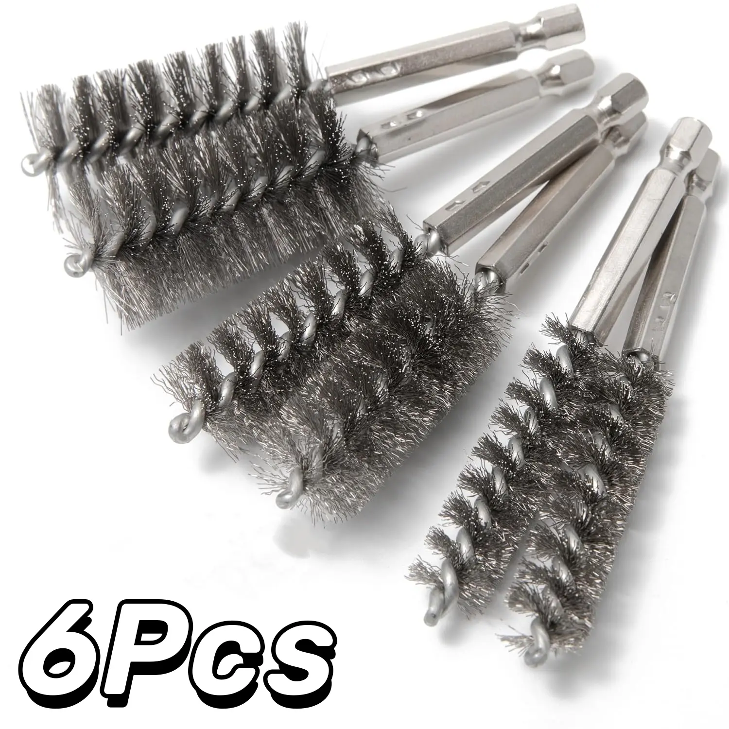 6Pcs Copper Tube Pipe Cleaner, 1/2” 3/4” 1” Pipe Cleaning Brush Set, Stainless Steel Wire Bore Brushes for Power Drill, 1/4 Inch Hex Shank