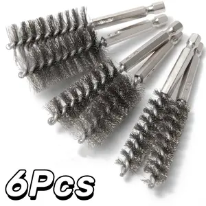 6Pcs Copper Tube Pipe Cleaner, 1/2” 3/4” 1” Pipe Cleaning Brush Set, Stainless Steel Wire Bore Brushes for Power Drill, 1/4 Inch Hex Shank