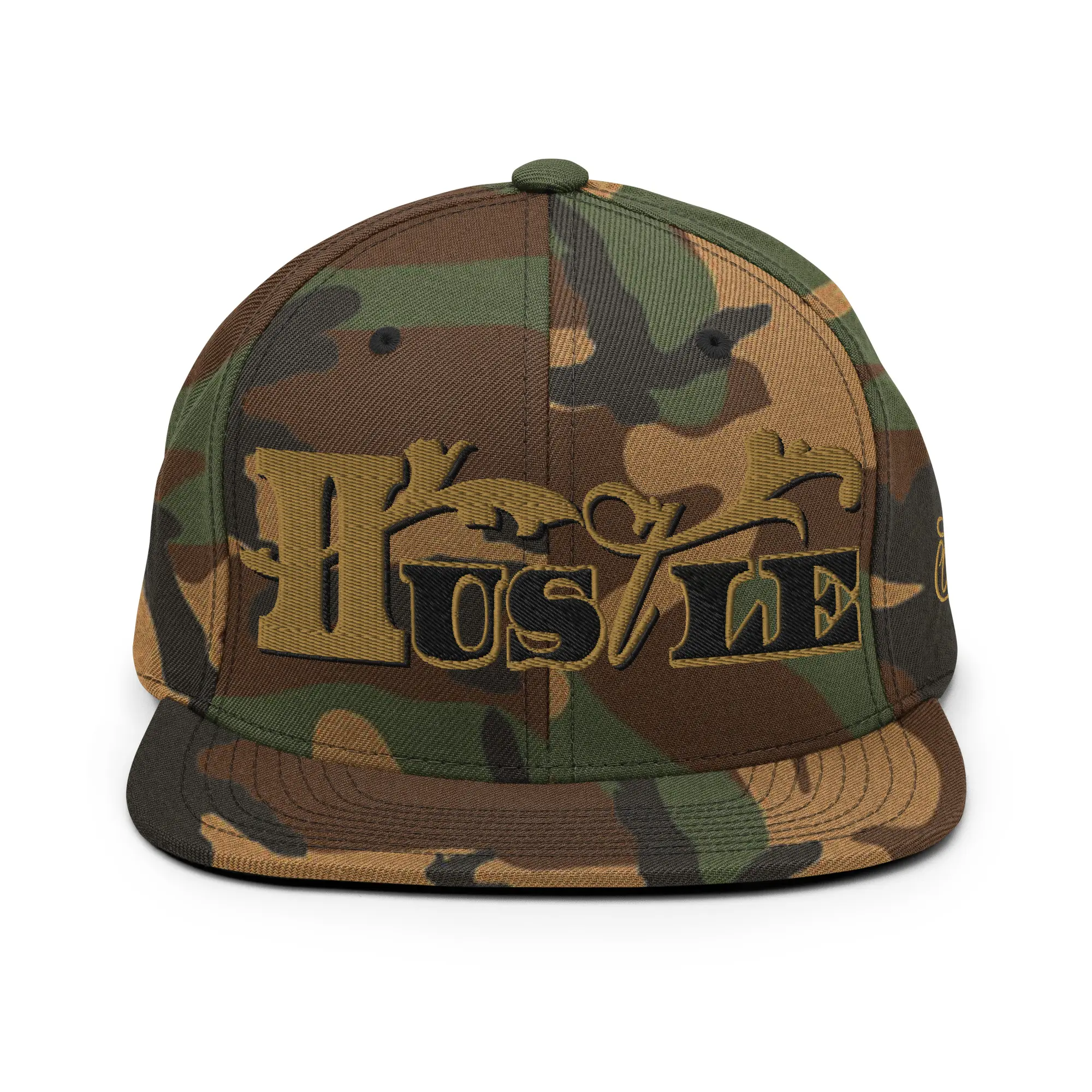 Hustle Snapback Hat Unisex Green Camo 6-panel High-profile with Adjustable Snap Closure for Casual Outings and Events