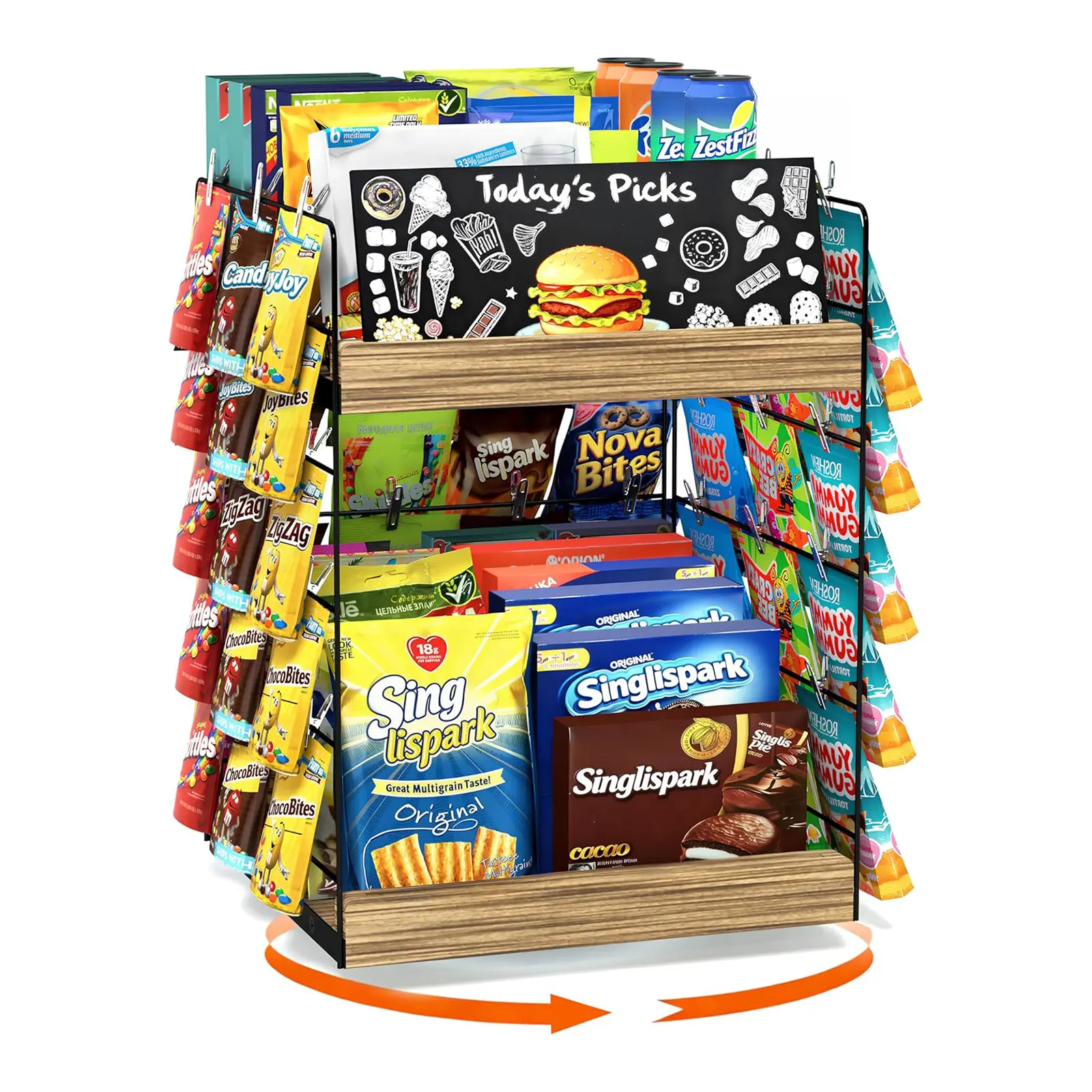 Emfogo chip Rack Display Stand for Countertop Store Office Kitchen, 6 Tier Rotating Snack Organizer with 50 Clips, Brown Wood Base Candy Display Rack, Portable Retail Shelf for Chips Nuts Cookies Party Snacks