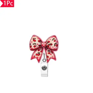 Cherry Plaid Bow Glitter Badge Reel, Retro Sweet ID Clip, Perfect for Retro Cute Fans, Stylish Accessory for Daily Use, Badge Reel Accessories, Badge Decoration