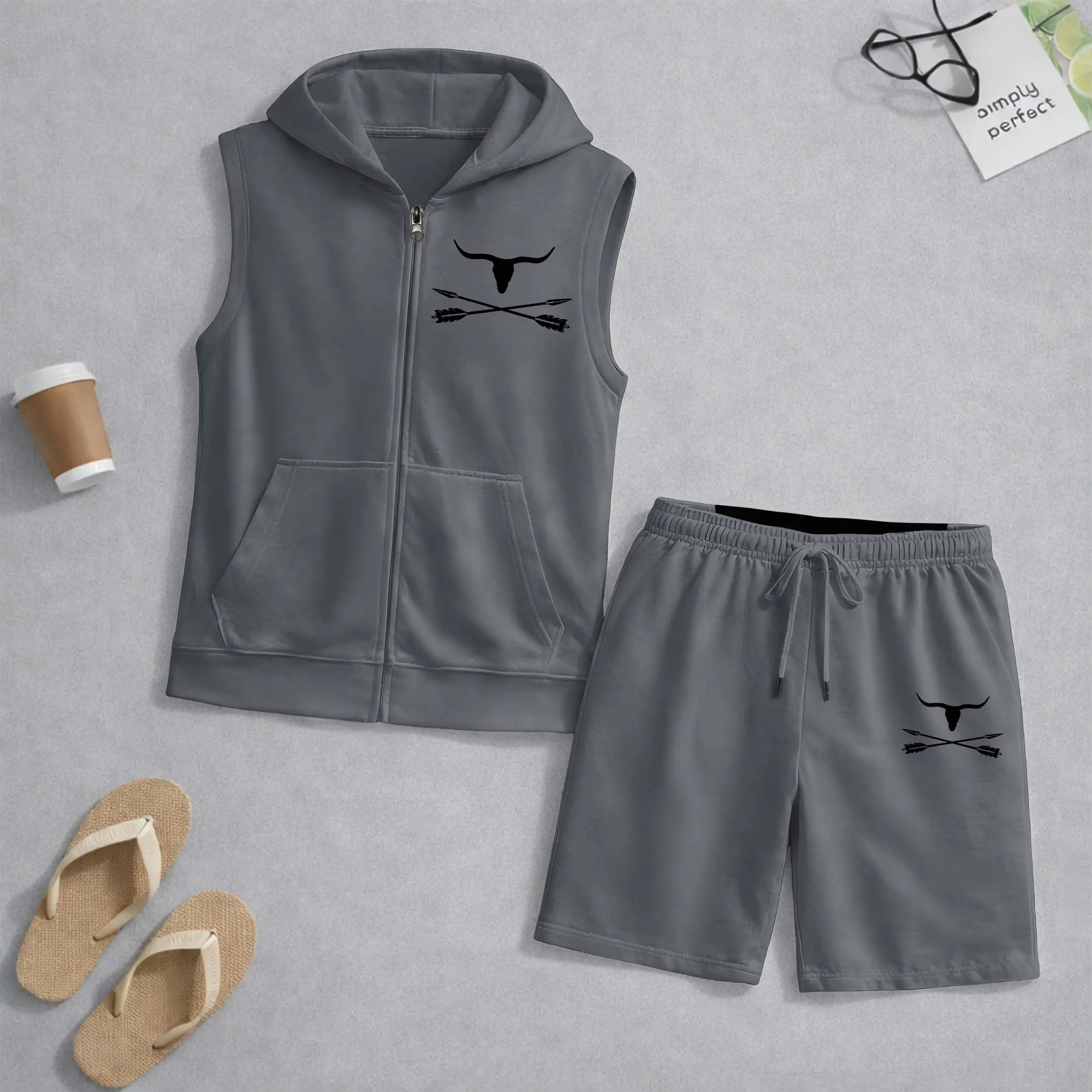Men's West Tribe Wind Graphic Sleeveless Hoodie Shorts Set 2 Piece Outfit  Print Zip Up Hooded Vest Drawstring Shorts Summer Casual Gym Workout Streetwear Breathable Lightweight Athletic Lounge Set