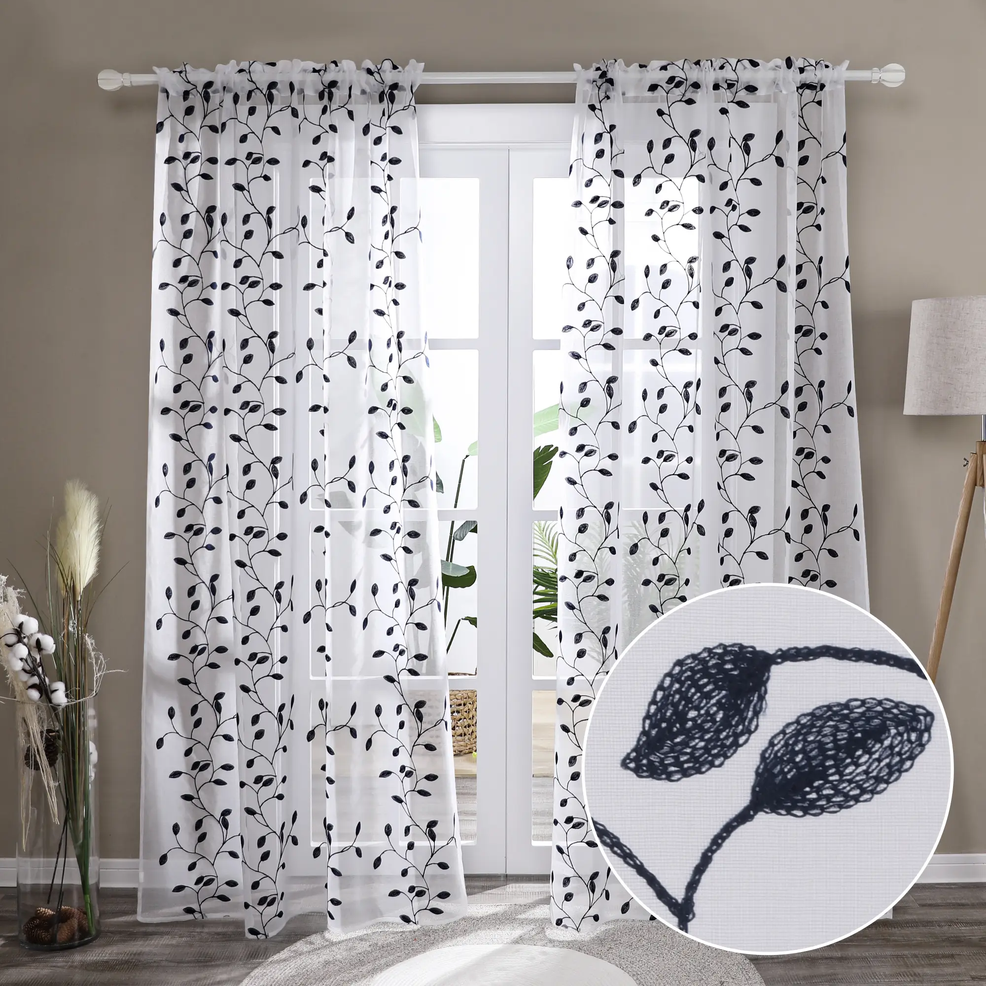 Deconovo Floral Sheer Curtains with Leaves Pattern Rod Pocket Embroidered Sheer Curtain Drapes for Sliding Glass Door - 2 Panels, Home Decoration Curtain, Interior Decoration Accessories