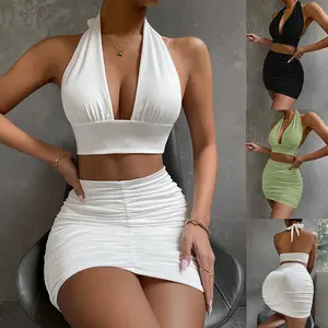 2-piece Halter Deep V Crop Top & Mini Skirt Set-Sexy Club Vacation Outfit- Women S-5XL-Summer Party Dress Set