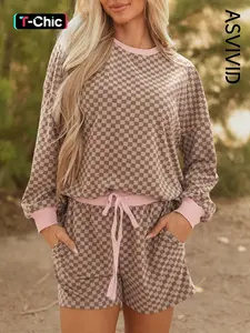 Women's Casual Checkerboard Long Sleeve Pullover and Short Pants Set, High Waist Drawstring Design, All Seasons Two-Piece