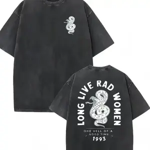 Washed Vintage Graphic T-Shirt for Women - "Long Live Rad Women" & Snake Print Casual Crew Neck Oversized Tee, Soft Breathable Cotton Short Sleeve Top, Retro Streetwear Aesthetic, Drop Shoulder Loose Fit Design, One Hell Of A Good tb0428