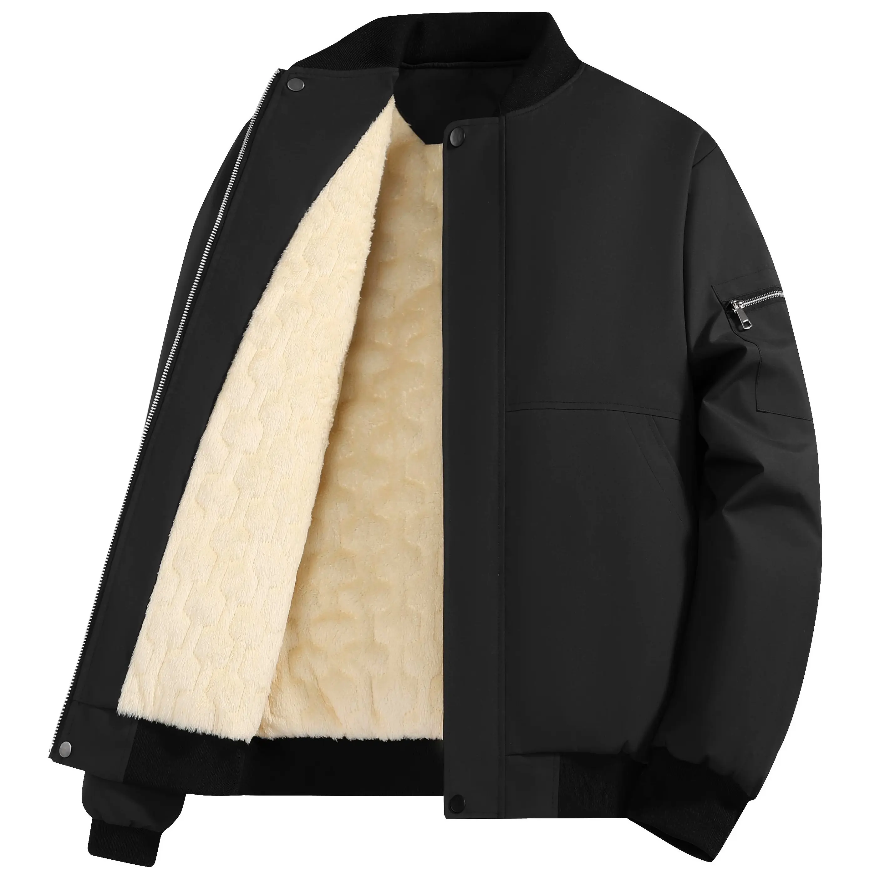Men’s fleece-lined aviator jacket—warm, windproof winter outerwear with a baseball collar; classic aviator jacket for autumn/winter everyday wear; men’s apparel, aviator jacket, outerwear, solid color, pockets, ribbed sleeves, smooth, windproof casual men