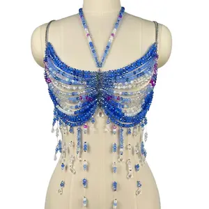 Tank Tops Bra Blusas Short Handmade Hanging Neck Beading Hollowed-Out Woman Clothing Sling Wedding Party Blind Date Stage Party Shaper Ladies Crop Shirt Tube Tops Vest Sexy Clothes